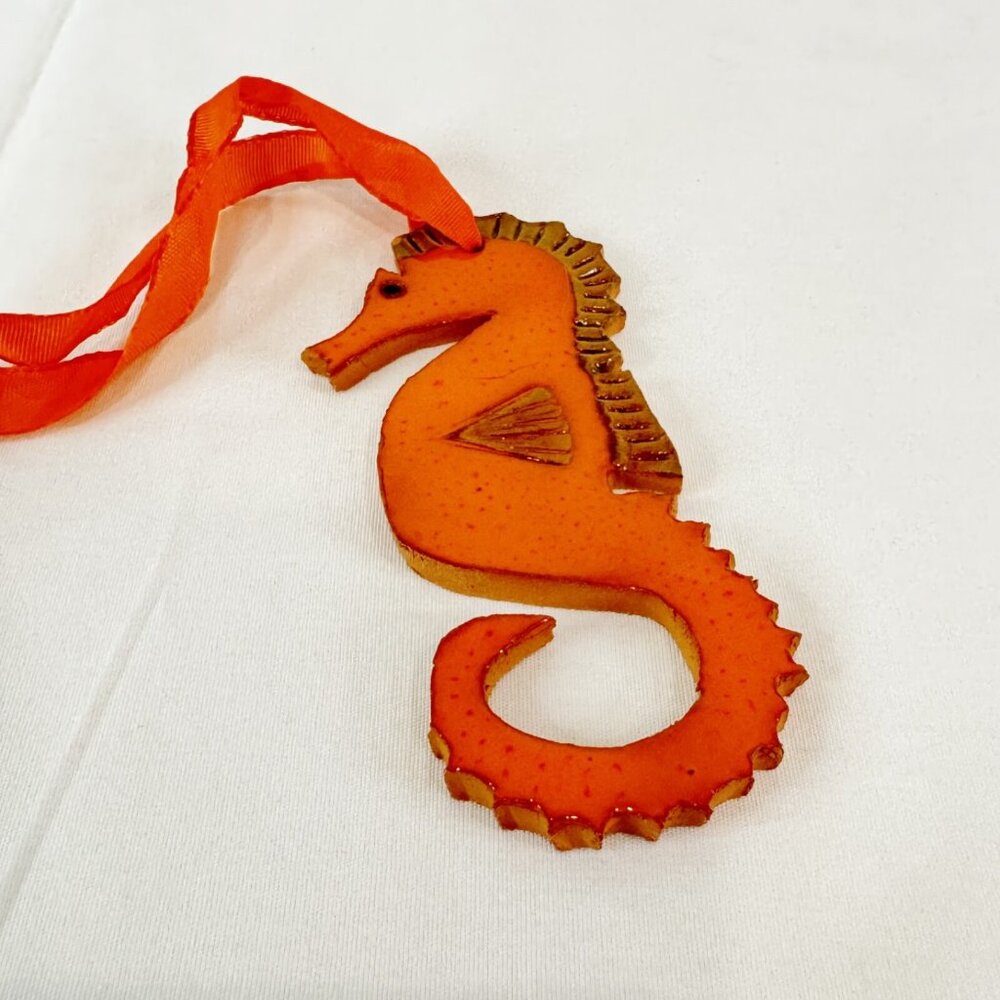 Seahorse Orange Pottery Clay Ocean Beach Tree Ornament Hanging Decor 4 Inch